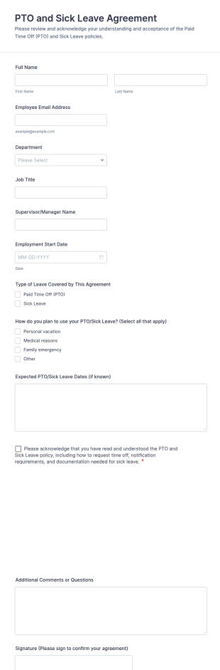 PTO And Sick Leave Agreement Form Template
