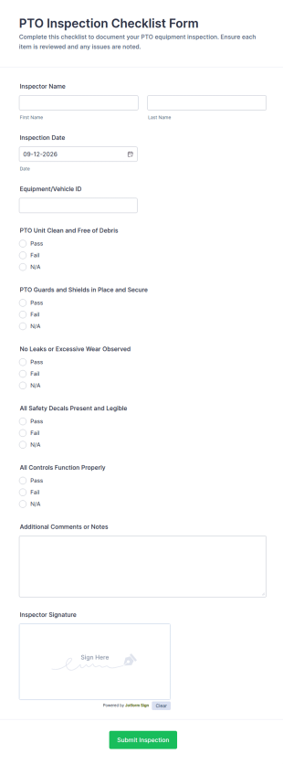 PTO Inspection Checklist Form Template