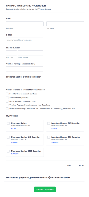Parent Teacher Organization (PTO) Membership Registration Form Template