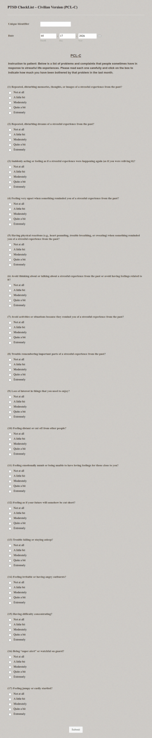 PTSD CheckList – Civilian Version (PCL C) Form Template