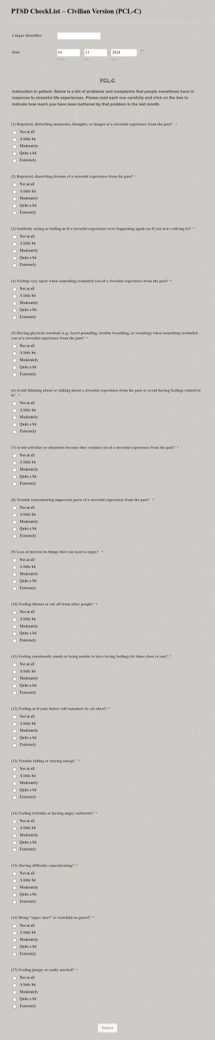 PTSD CheckList – Civilian Version (PCL C) Form Template
