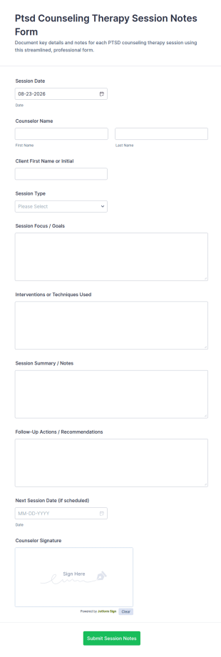 PTSD Counseling Therapy Session Notes Form Template