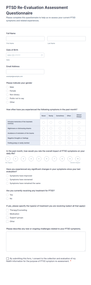 PTSD Re Evaluation Assessment Questionnaire Form Template