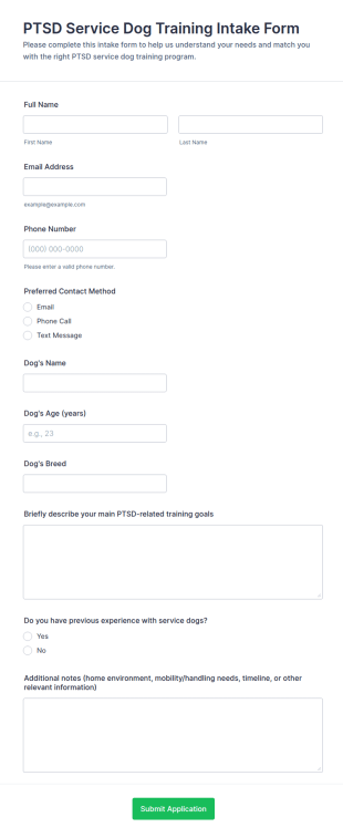 PTSD Service Dog Training Intake Form Template