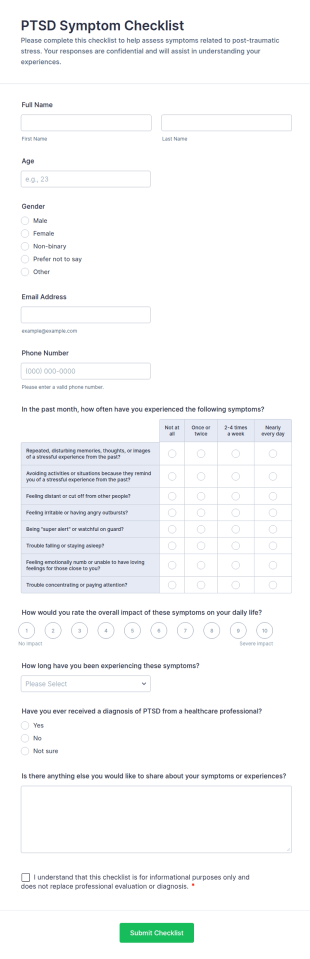 PTSD Symptom Checklist Form Template