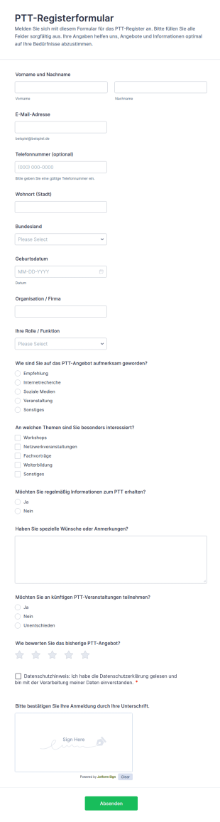 PTT Registrierungsformular