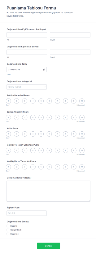 Puanlama Tablosu Form Şablonu