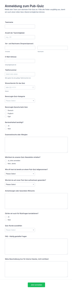 Pub Quiz Registrierung