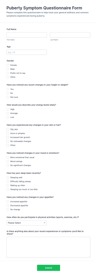 Puberty Symptom Questionnaire Form Template