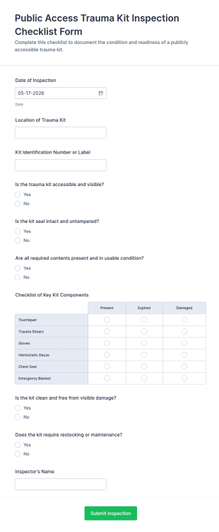 Public Access Trauma Kit Inspection Checklist Form Template