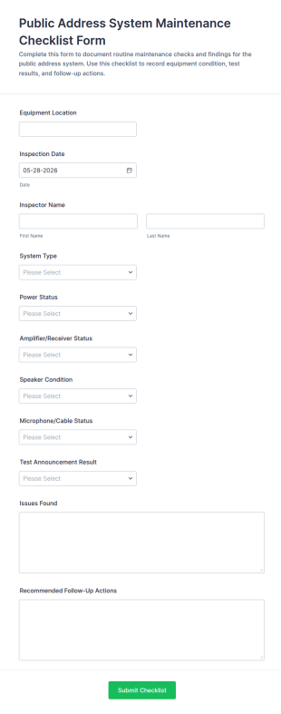 Public Address System Maintenance Checklist Form Template