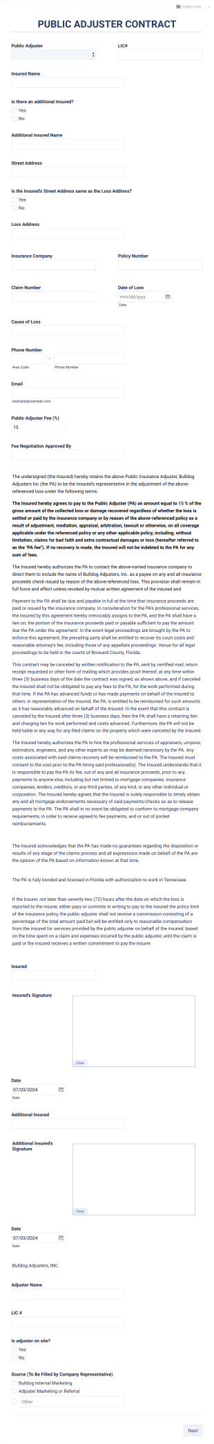 Public Adjuster Contract Form Template
