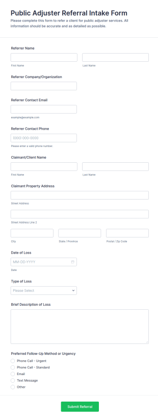 Public Adjuster Referral Intake Form Template