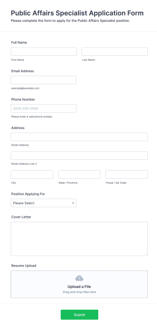 Public Affairs Specialist Application Form Template