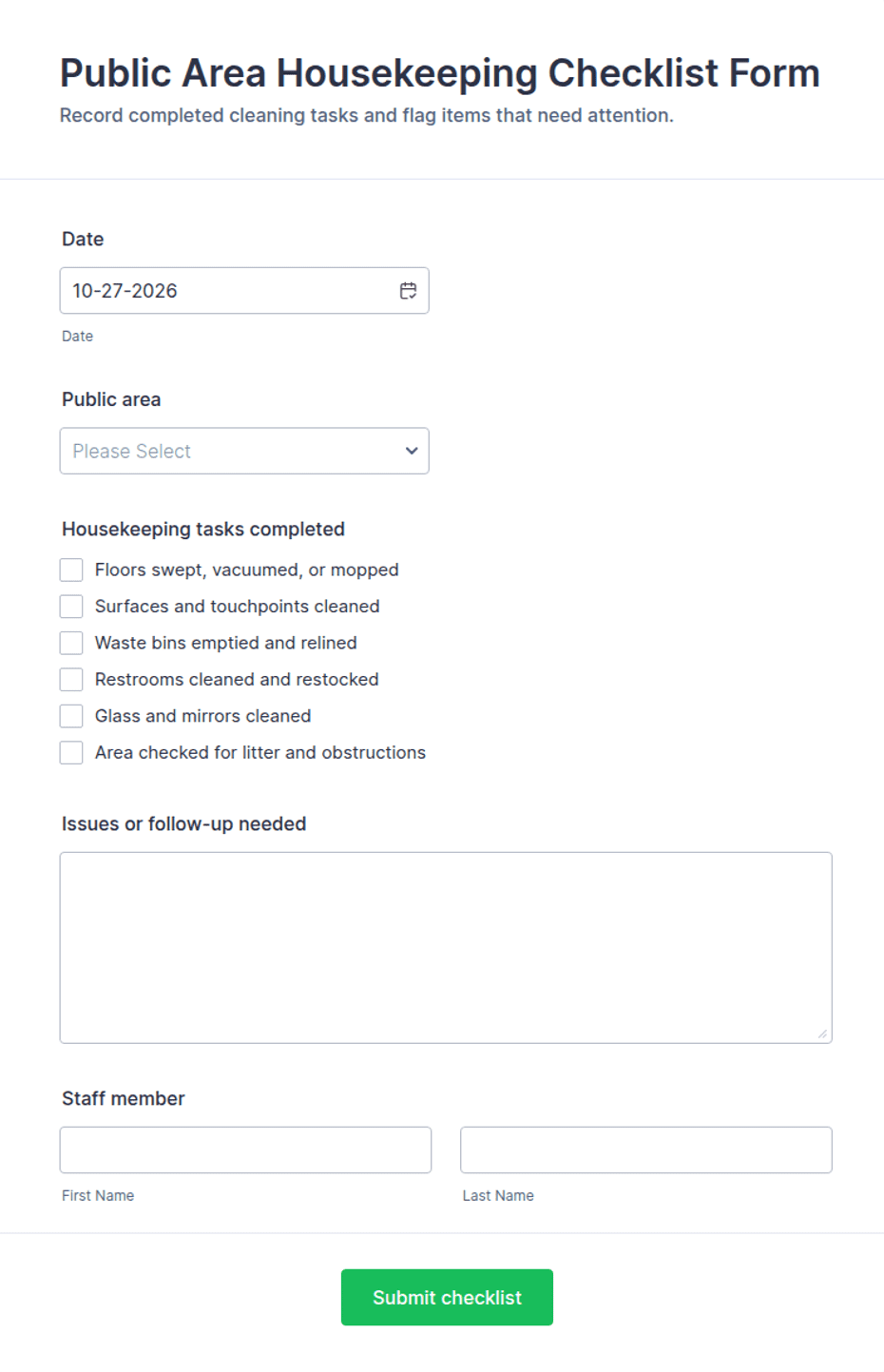 Public Area Housekeeping Checklist Form Template | Jotform