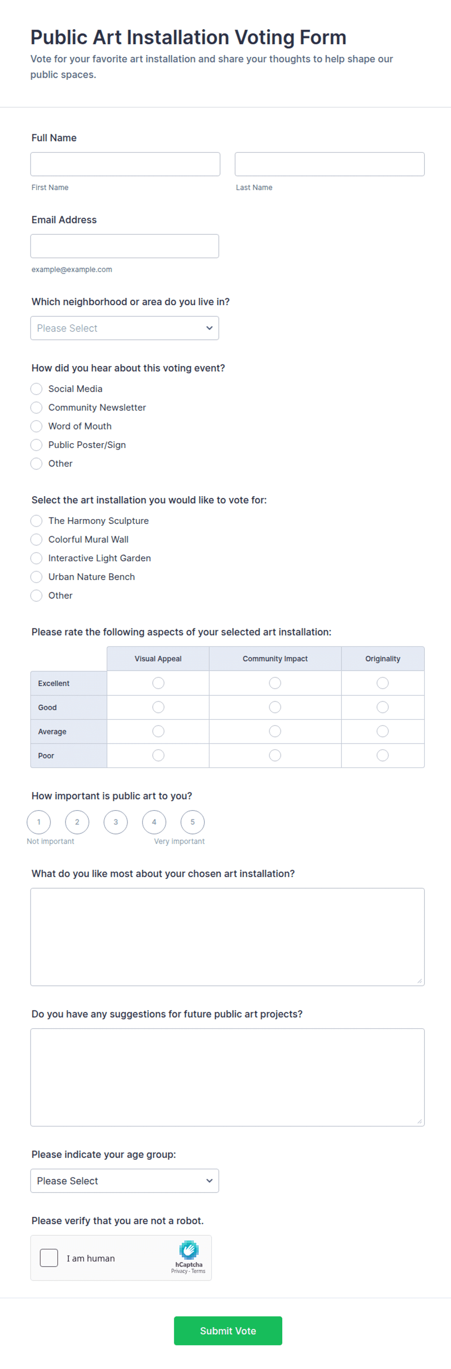 Public Art Installation Voting Form Template | Jotform
