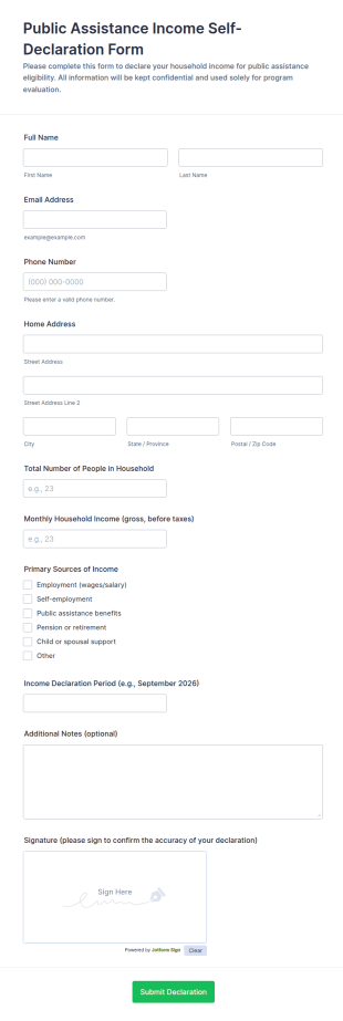 Public Assistance Income Self Declaration Form Template