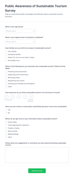 Public Awareness Of Sustainable Tourism Survey Form Template