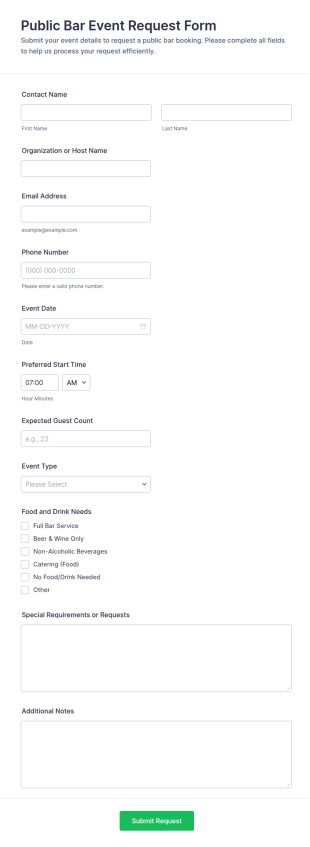 Public Bar Event Request Form Template