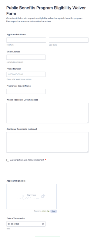 Public Benefits Program Eligibility Waiver Form Template