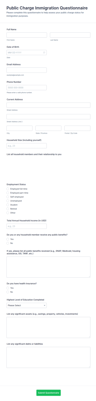 Public Charge Immigration Questionnaire Form Template