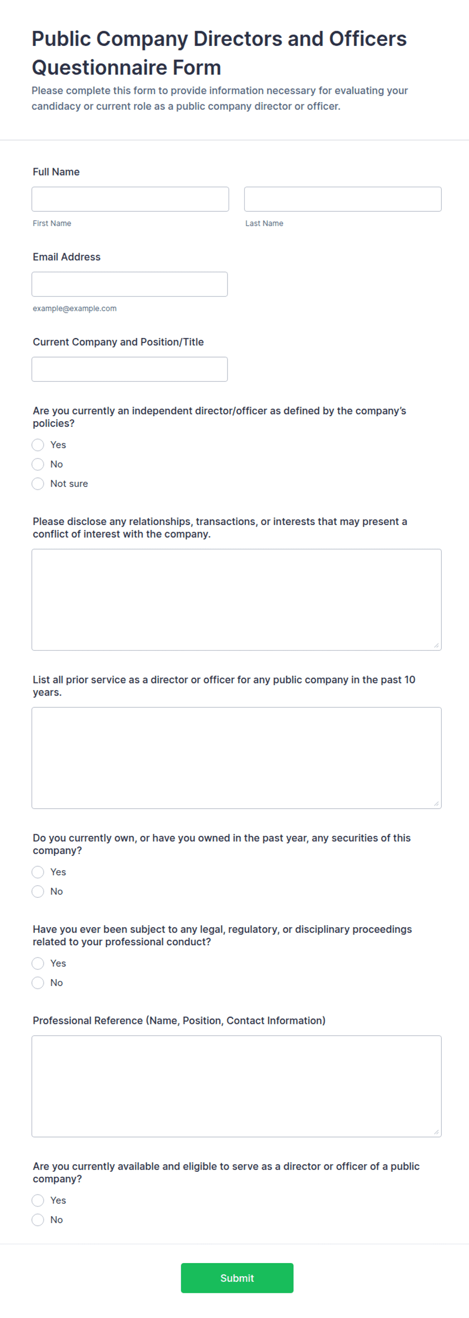 Sample Director Questionnaire.pdf Public Company Directors and Officers Questionnaire Form Template | Jotform