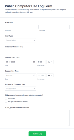 Public Computer Use Log Form Template