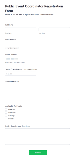 Public Event Coordinator Registration Form Form Template