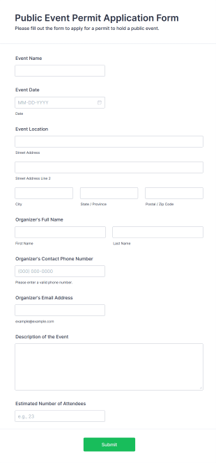 Public Event Permit Application Form Form Template