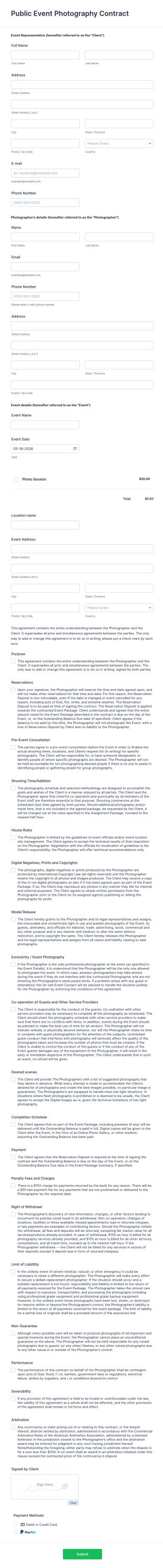 Public Event Photography Contract Form Template