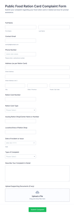 Public Food Ration Card Complaint Form Template