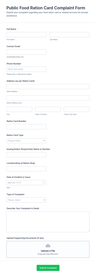 Public Food Ration Card Complaint Form Template