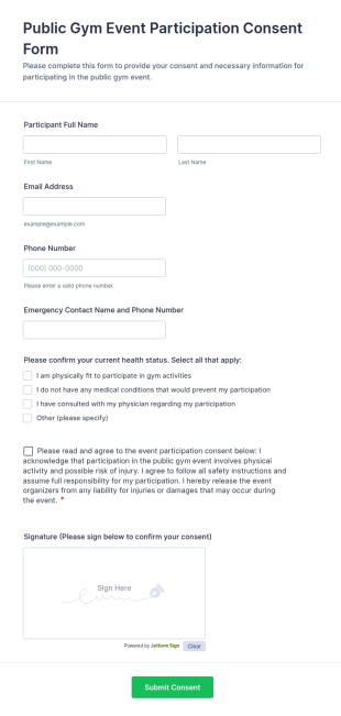 Public Gym Event Participation Consent Form Template