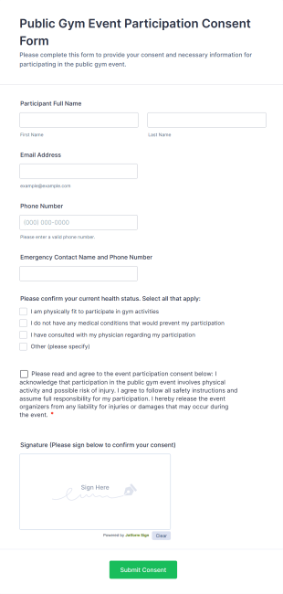 Public Gym Event Participation Consent Form Template