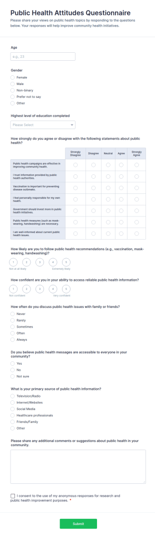 Public Health Attitudes Questionnaire Form Template
