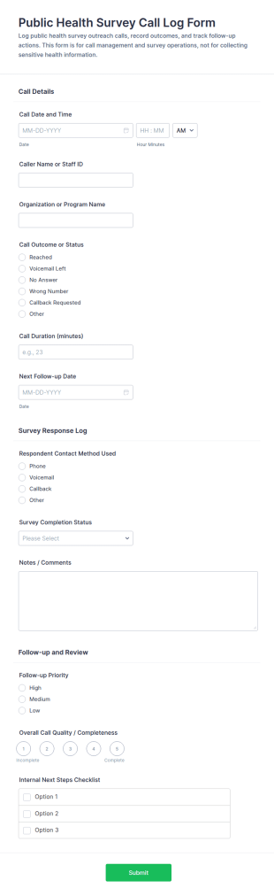 Public Health Survey Call Log Form Template