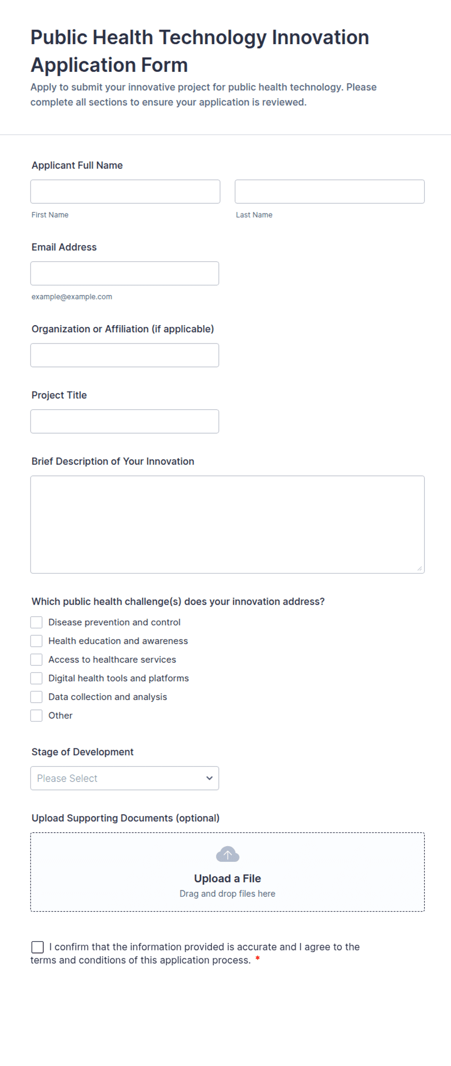 Public Health Technology Innovation Application Form Template | Jotform