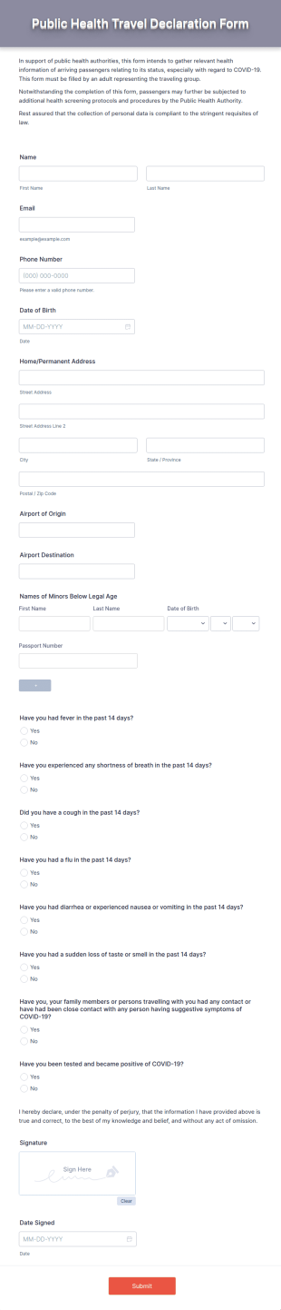 Public Health Travel Declaration Form Template