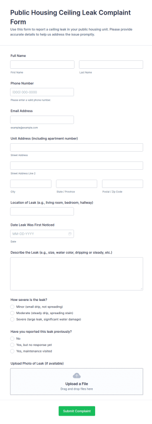 Public Housing Ceiling Leak Complaint Form Template