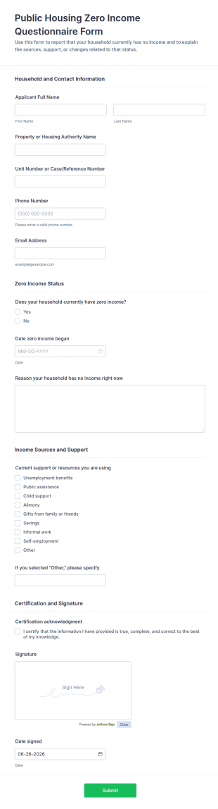 Public Housing Zero Income Questionnaire Form Template