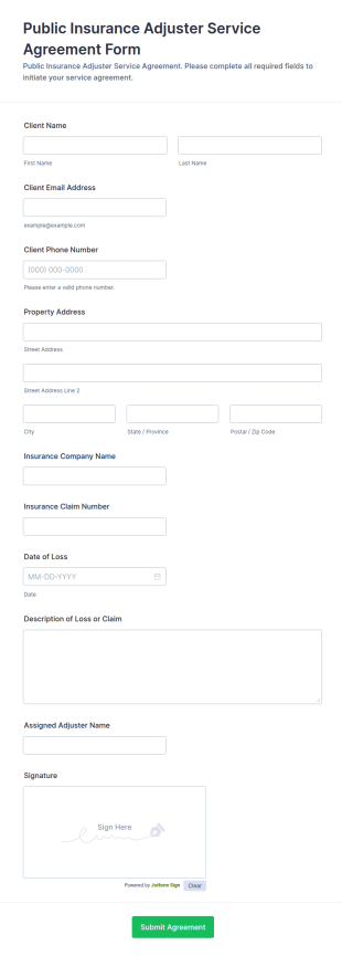 Public Insurance Adjuster Service Agreement Form Template