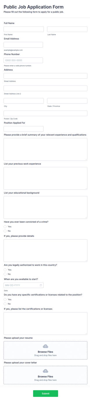 Public Job Application Form Template