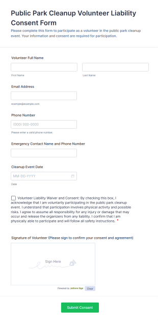 Public Park Cleanup Volunteer Liability Consent Form Template