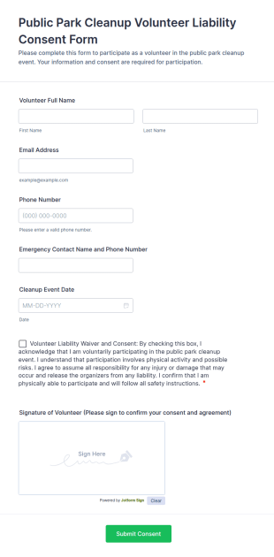 Public Park Cleanup Volunteer Liability Consent Form Template