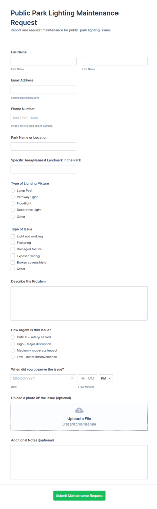 Public Park Lighting Maintenance Request Form Template