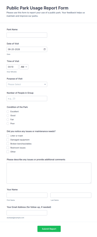 Public Park Usage Report Form Template
