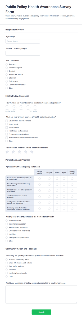 Public Policy Health Awareness Survey Form Template