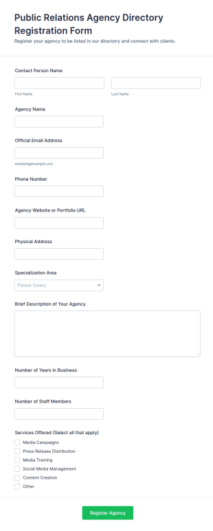 Public Relations Agency Directory Registration Form Template