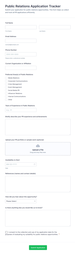 Public Relations Application Tracker Form Template