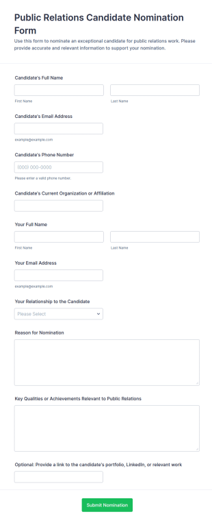 Public Relations Candidate Nomination Form Template